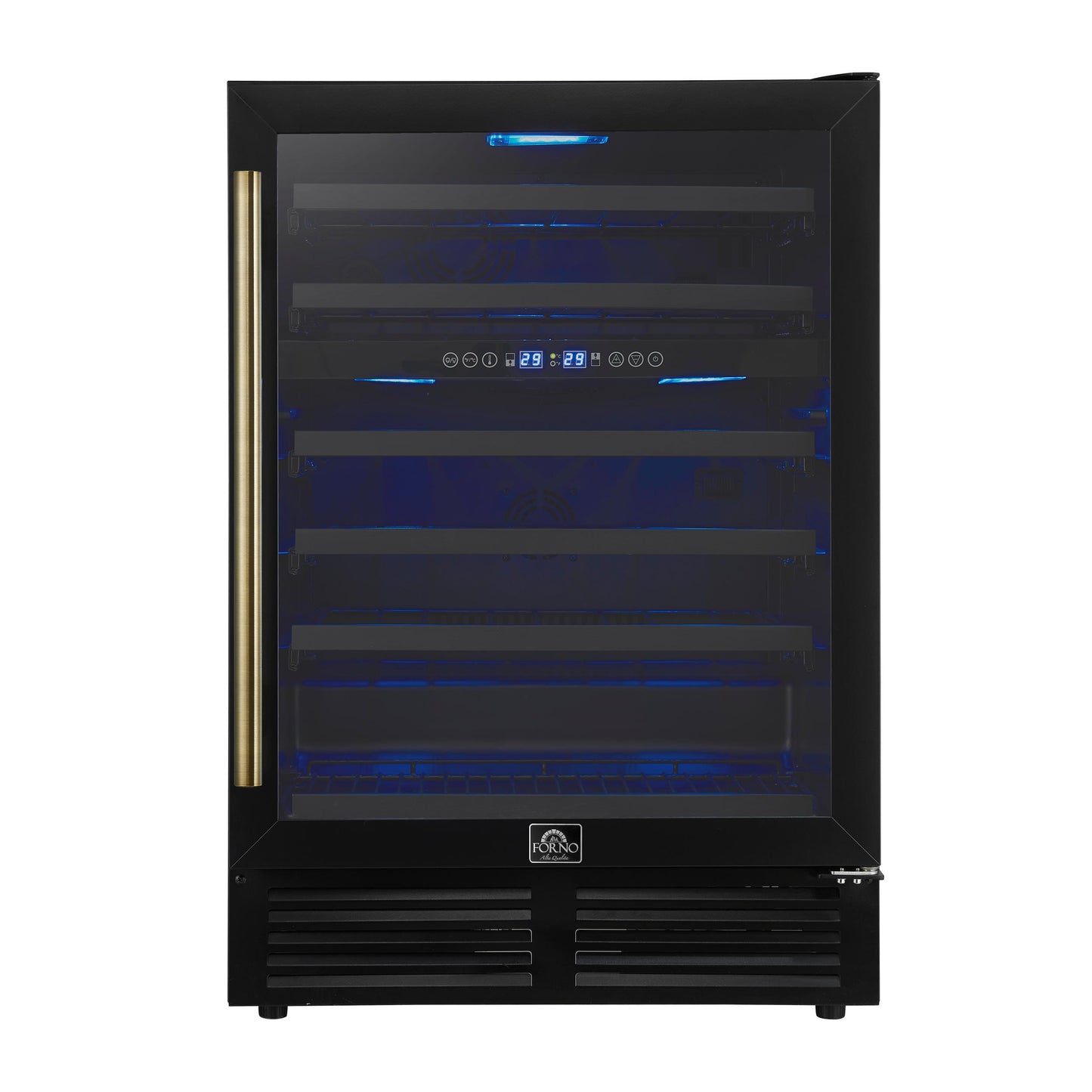 Forno FWCDR663424BLK Forno Bacchino 24 Inch Wine Cooler, Black With Antique Brass Handles, With Led Lighting, Triple Glass Door, 51 Bottle Capacity, Built-In Or Freestanding