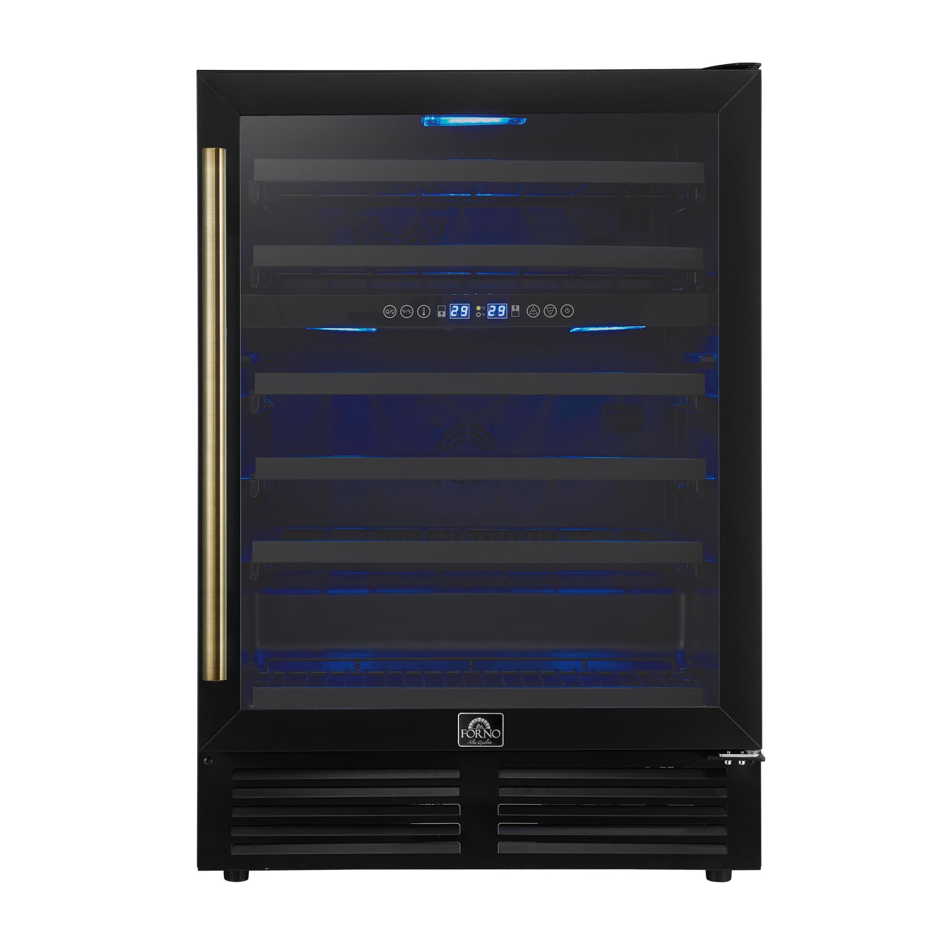 Forno FWCDR663424BLK Forno Bacchino 24 Inch Wine Cooler, Black With Antique Brass Handles, With Led Lighting, Triple Glass Door, 51 Bottle Capacity, Built-In Or Freestanding