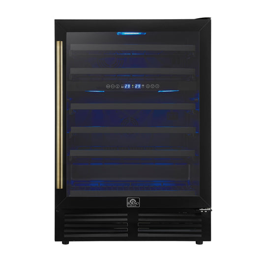 Forno FWCDR663424BLK Forno Bacchino 24 Inch Wine Cooler, Black With Antique Brass Handles, With Led Lighting, Triple Glass Door, 51 Bottle Capacity, Built-In Or Freestanding