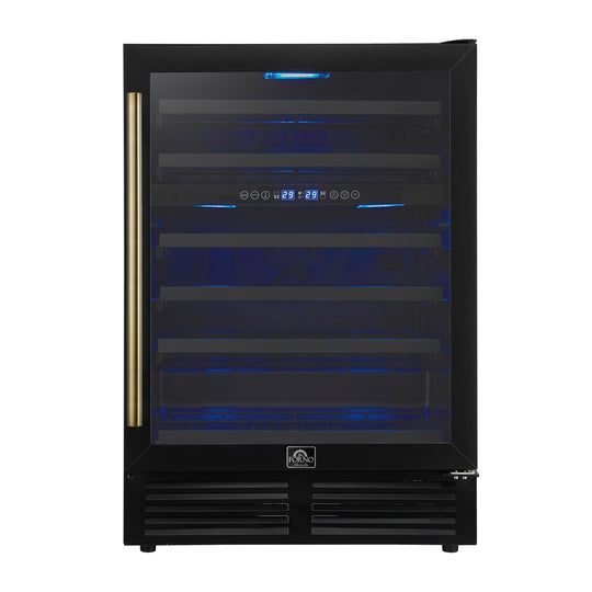 Forno FWCDR663424BLK Forno Bacchino 24 Inch Wine Cooler, Black With Antique Brass Handles, With Led Lighting, Triple Glass Door, 51 Bottle Capacity, Built-In Or Freestanding