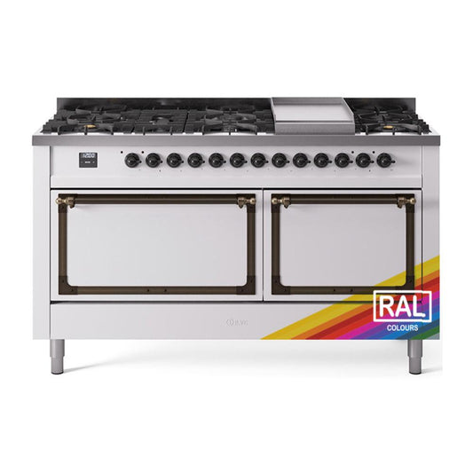 Ilve UN60FQNMPRAB Ilve Un60Fqnmprab Nostalgie Ii Noblesse 60" Dual Fuel Range (9 Sealed Burners + Griddle, Natural Gas, Solid Door, Ral, Burnished)