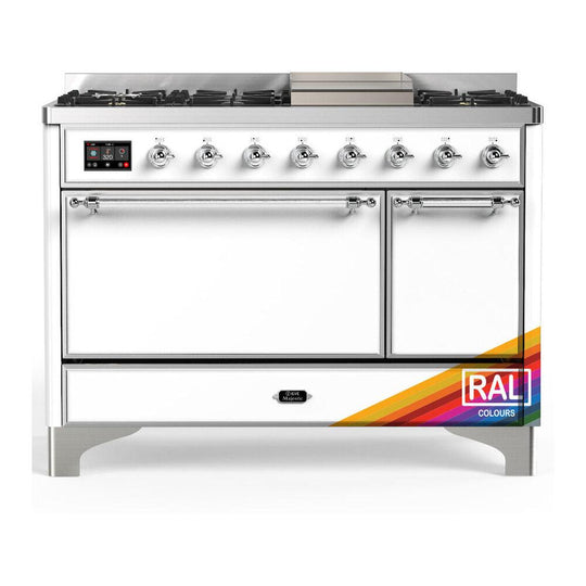 Ilve UM48FQNR3RACLP Ilve Um48Fqnr3Raclp Majestic Iii 48 Inch Dual Fuel Range With 8 Burners And Griddle, Dual Function Burner Up To 25,000 Btu (Liquid Propane, Solid Door, Ral, Chrome)