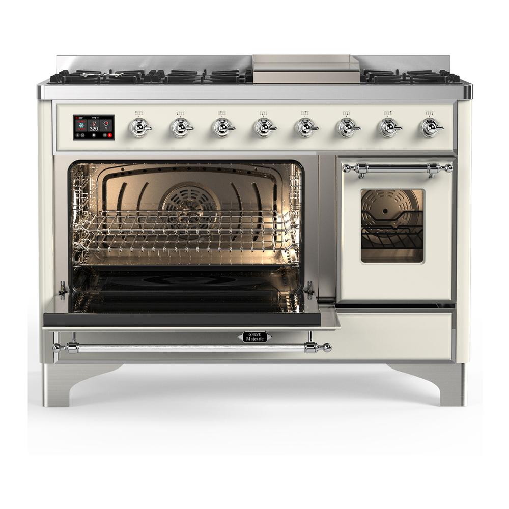 Ilve UM48FNR3AWCLP Ilve Um48Fnr3Awclp Majestic Iii 48 Inch Dual Fuel Range With 8 Burners And Griddle, Dual Function Burner Up To 25,000 Btu (Liquid Propane, Triple Glass Door, Antique White, Chrome)