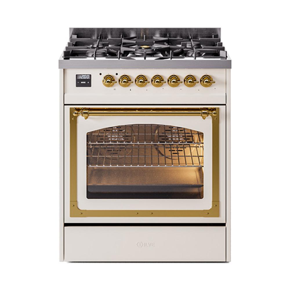 Ilve UN30NMPAWGLP Ilve Un30Nmpawglp Nostalgie Ii Noblesse 30" Dual Fuel Range (Liquid Propane, Triple Glass Door, Antique White, Brass)
