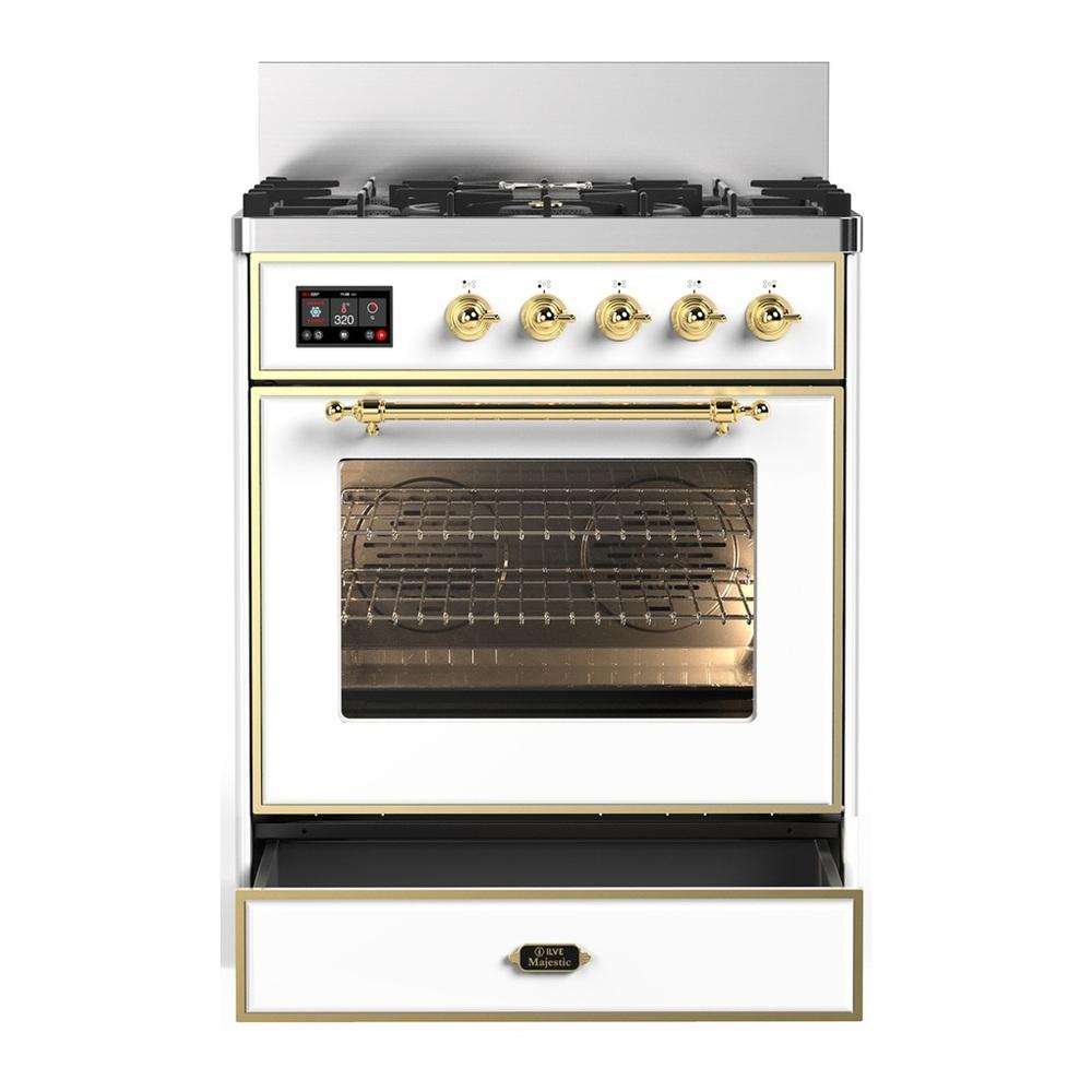 Ilve UM30NR3WHGLP Ilve Um30Nr3Whglp Majestic Iii 30 Inch Dual Fuel Range With 5 Black Brass Burners, Dual Function Burner Up To 25,000 Btu (Liquid Propane, Triple Glass Door, White, Brass)