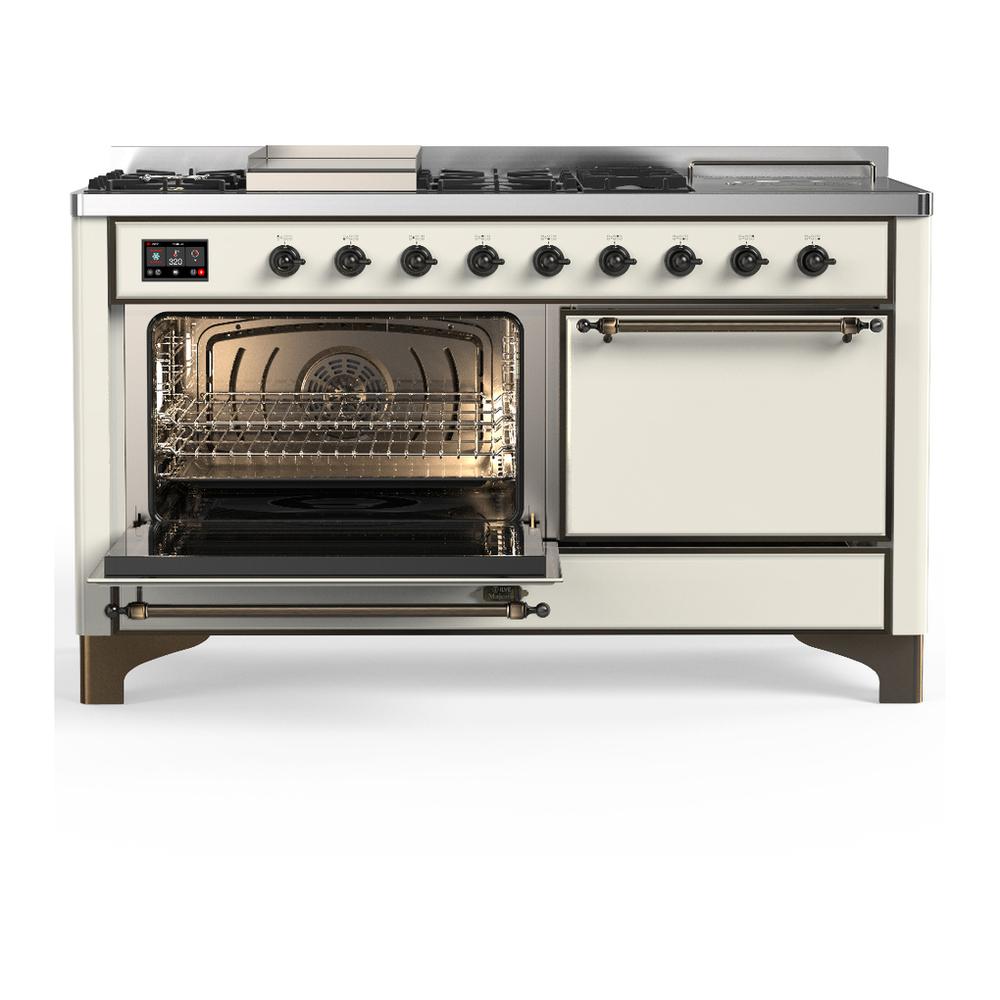 Ilve UM60FSQNR3AWBLP Ilve Um60Fsqnr3Awblp Majestic Iii 60 Inch Dual Fuel Range With 7 Burners, Griddle And French Top, Dual Function Burner With Up To 25,000 Btu (Liquid Propane, Solid Door, Antique White, Burnished)