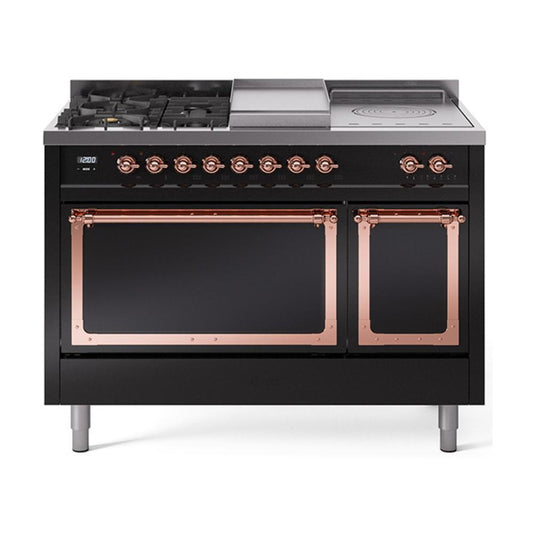 Ilve UN48FSQNMPBKP Ilve Un48Fsqnmpbkp Nostalgie Ii Noblesse 48" Dual Fuel Range (5 Sealed Burners + Griddle + French Top, Natural Gas, Solid Door, Glossy Black, Copper)
