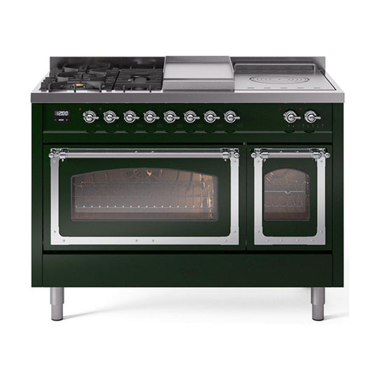 Ilve UN48FSNMPEGC Ilve Un48Fsnmpegc Nostalgie Ii Noblesse 48" Dual Fuel Range (5 Sealed Burners + Griddle + French Top, Natural Gas, Triple Glass Door, Emerald Green, Chrome)