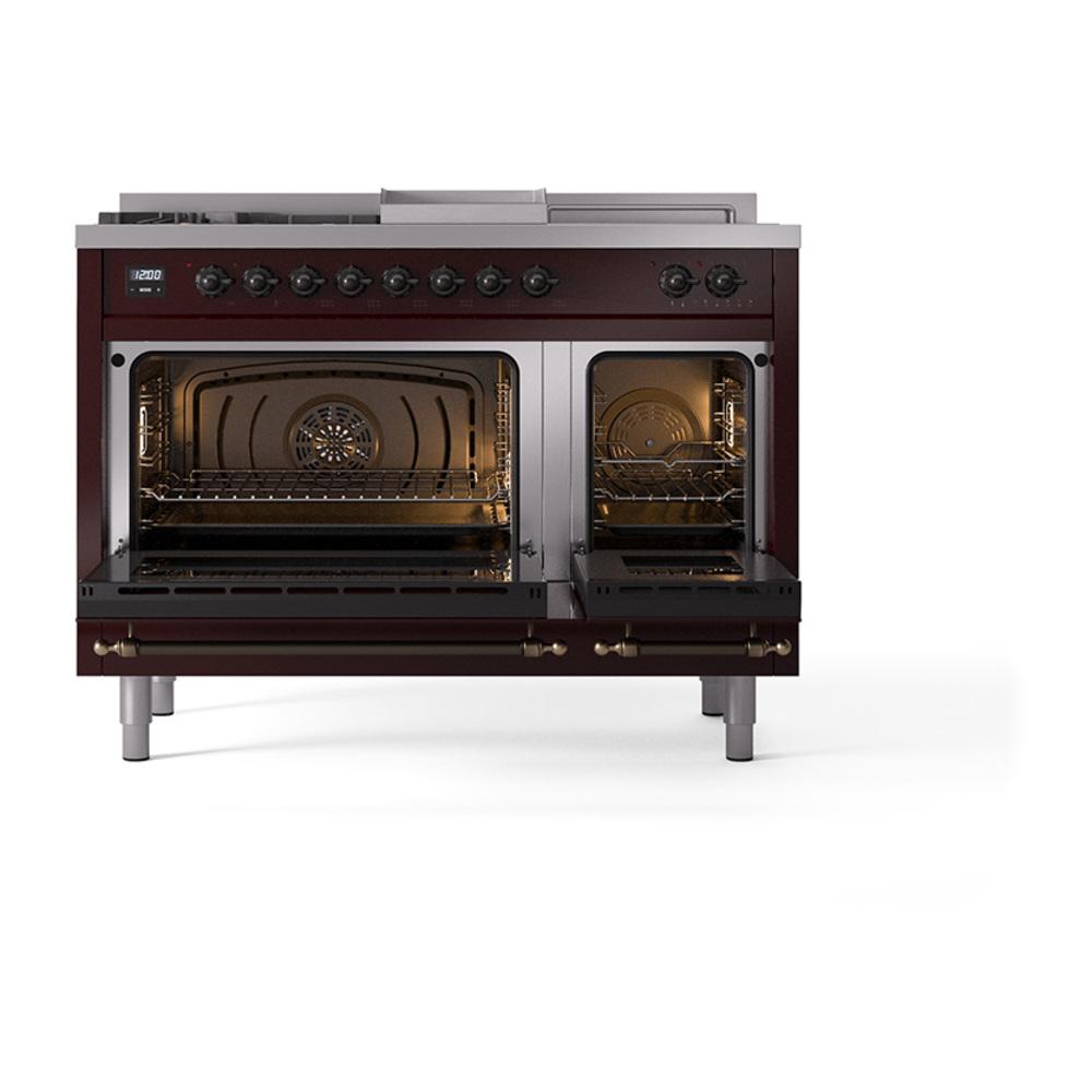 Ilve UN48FSQNMPBUBLP Ilve Un48Fsqnmpbublp Nostalgie Ii Noblesse 48" Dual Fuel Range (5 Sealed Burners + Griddle + French Top, Liquid Propane, Solid Door, Burgundy, Burnished)