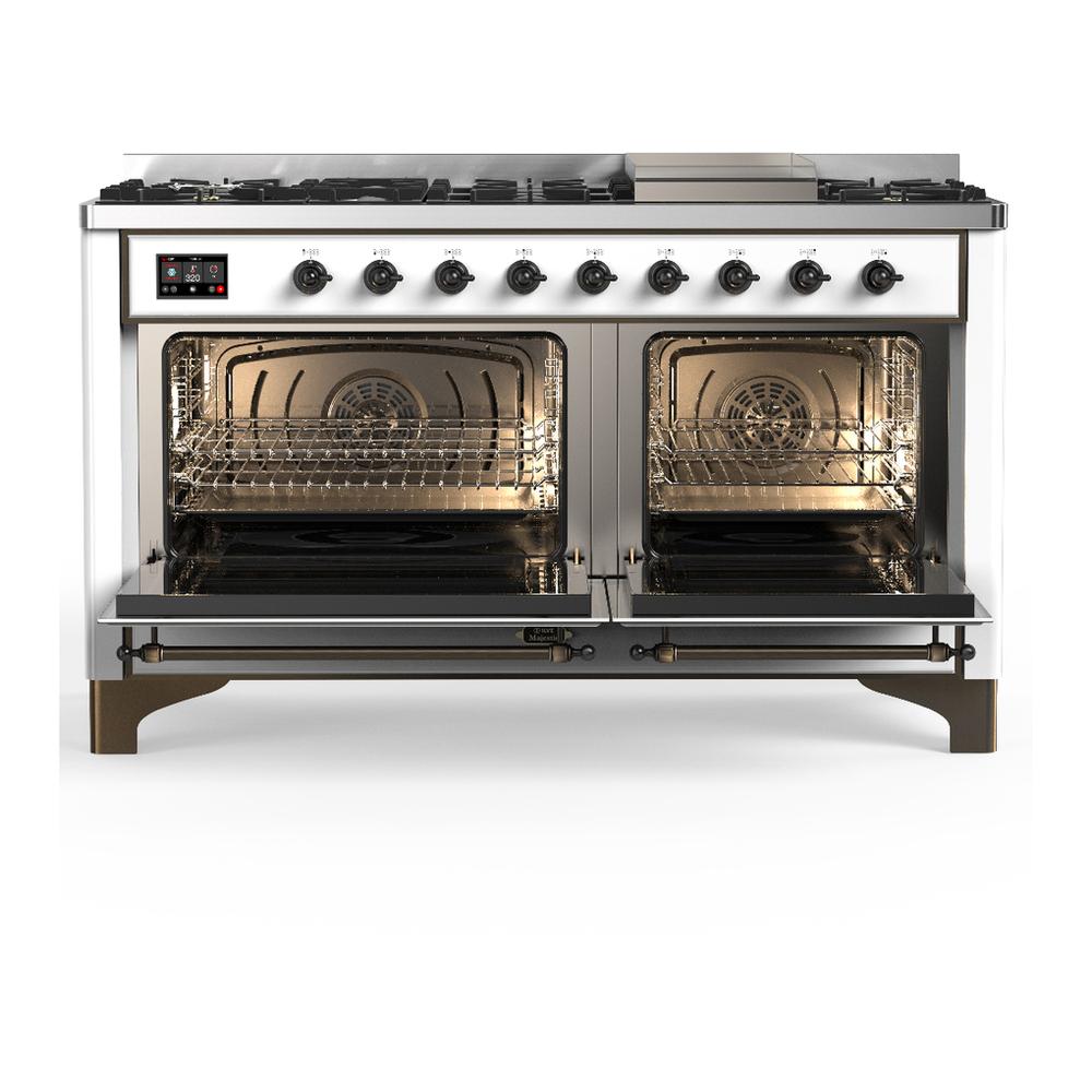 Ilve UM60FQNR3WHB Ilve Um60Fqnr3Whb Majestic Iii 60 Inch Dual Fuel Range With 9 Burners And Griddle, Dual Function Burner Up To 25,000 Btu (Natural Gas, Solid Door, White, Burnished)