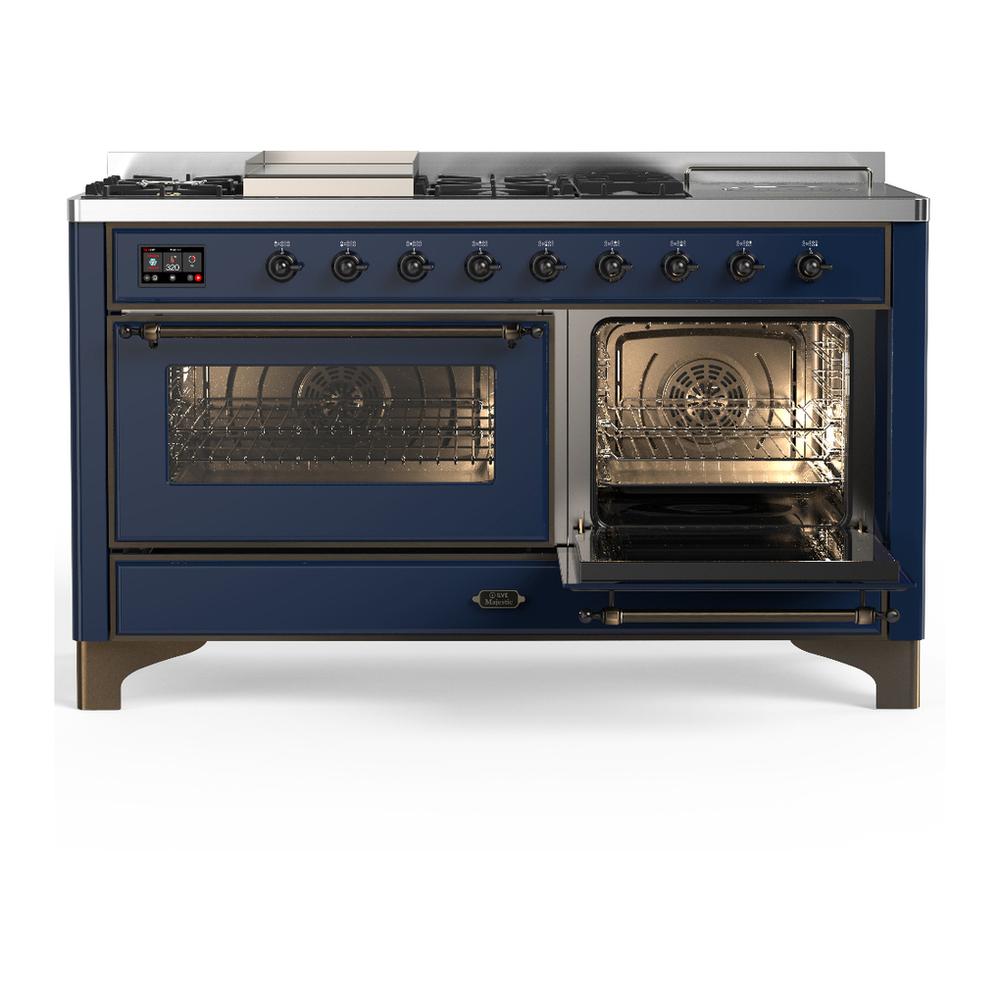 Ilve UM60FSNR3MBBLP Ilve Um60Fsnr3Mbblp Majestic Iii 60 Inch Dual Fuel Range With 7 Burners, Griddle And French Top, Dual Function Burner With Up To 25,000 Btu (Liquid Propane, Triple Glass Door, Midnight Blue, Burnished)