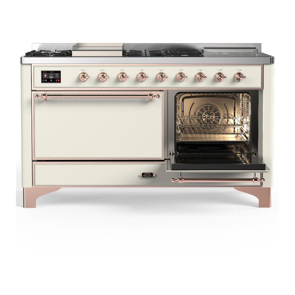 Ilve UM60FSQNR3AWPLP Ilve Um60Fsqnr3Awplp Majestic Iii 60 Inch Dual Fuel Range With 7 Burners, Griddle And French Top, Dual Function Burner With Up To 25,000 Btu (Liquid Propane, Solid Door, Antique White, Copper)