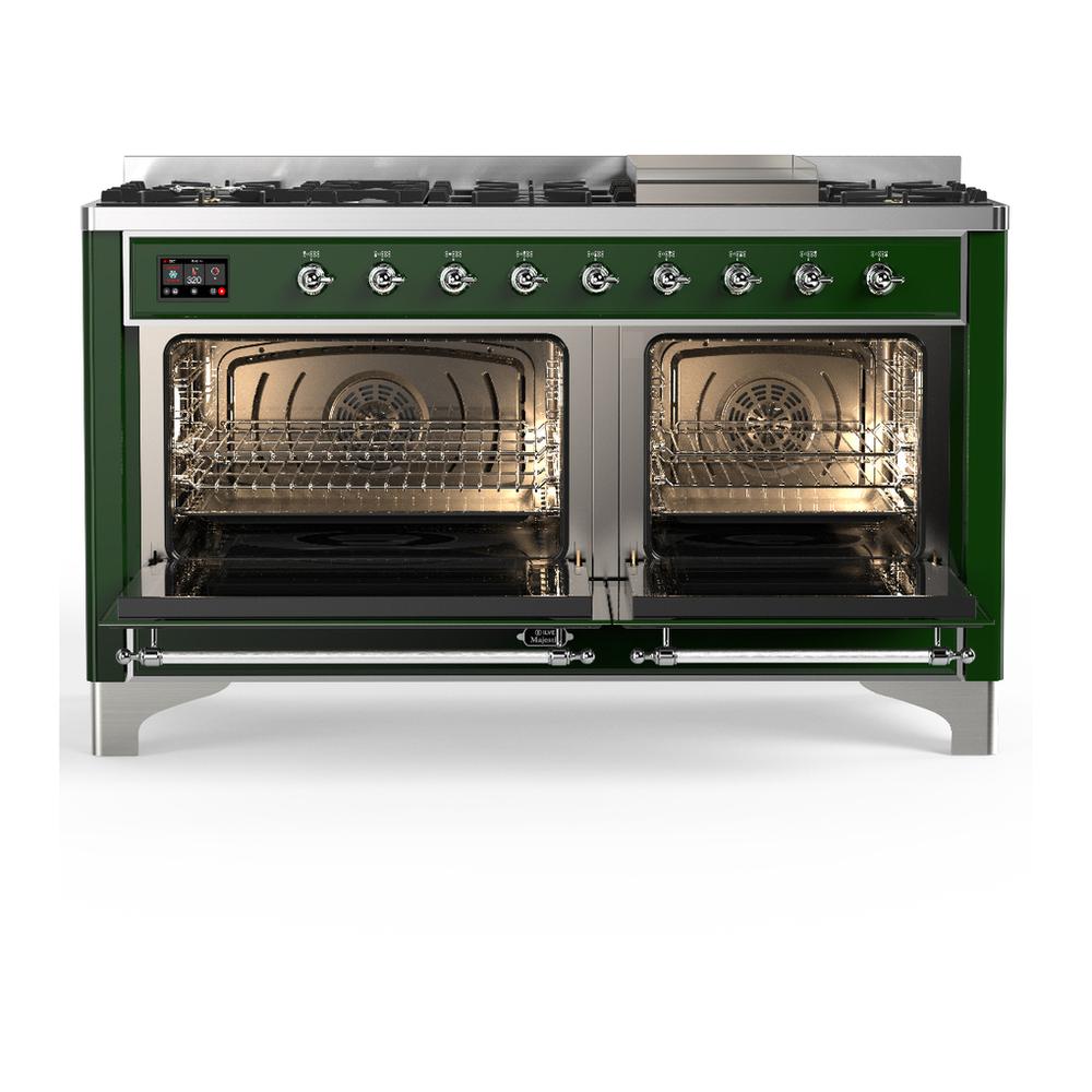 Ilve UM60FQNR3EGCLP Ilve Um60Fqnr3Egclp Majestic Iii 60 Inch Dual Fuel Range With 9 Burners And Griddle, Dual Function Burner Up To 25,000 Btu (Liquid Propane, Solid Door, Emerald Green, Chrome)