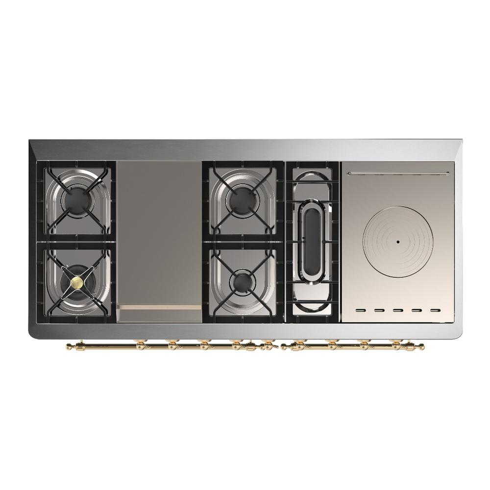 Ilve UM60FSQNR3MBG Ilve Um60Fsqnr3Mbg Majestic Iii 60 Inch Dual Fuel Range With 7 Burners, Griddle And French Top, Dual Function Burner With Up To 25,000 Btu (Natural Gas, Solid Door, Midnight Blue, Brass)