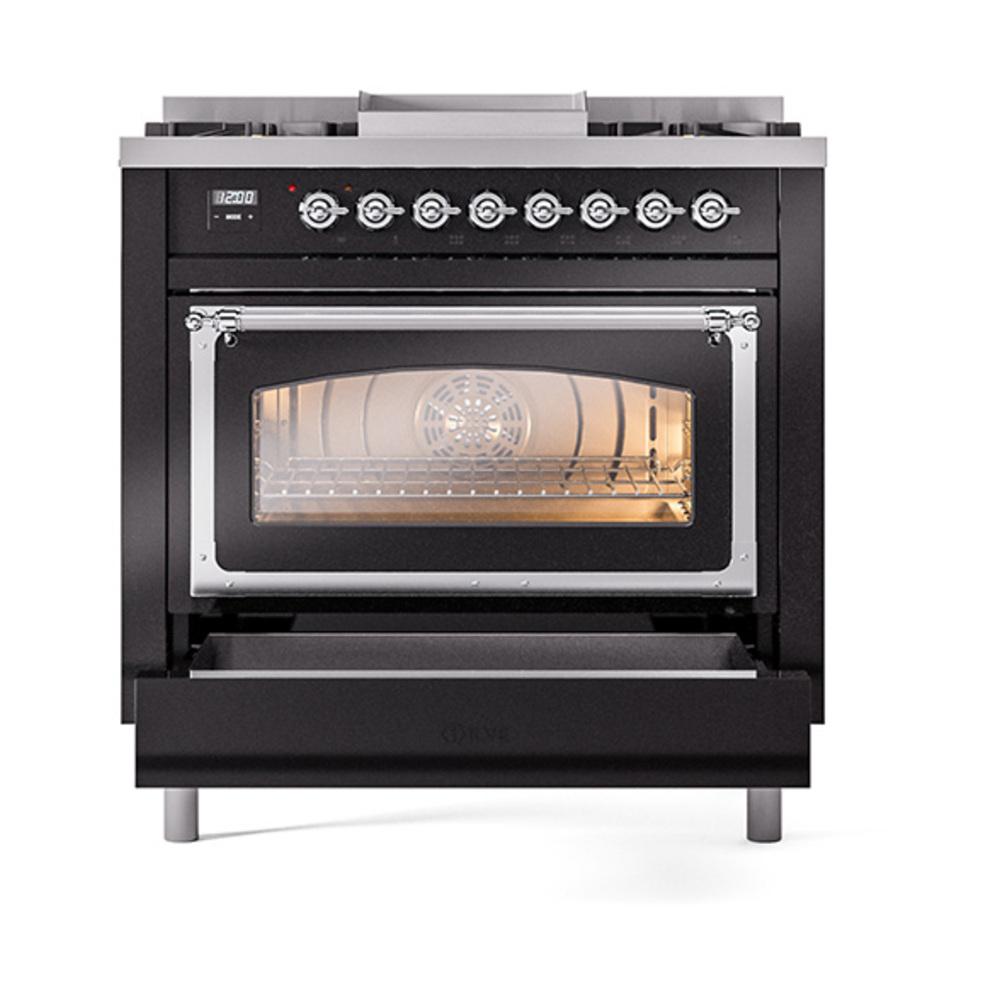 Ilve UN36FNMPBKC Ilve Un36Fnmpbkc Nostalgie Ii Noblesse 36" Dual Fuel Range (Natural Gas, Triple Glass Door, Glossy Black, Chrome)
