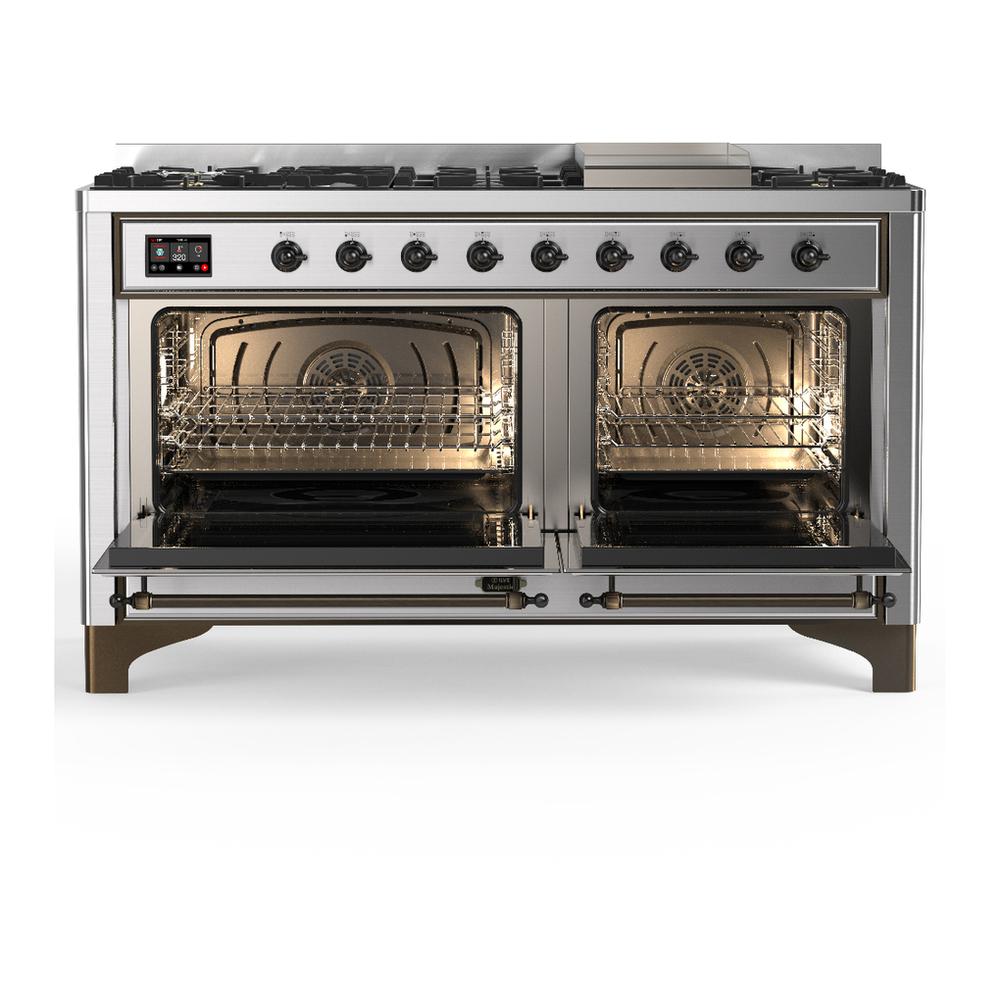Ilve UM60FNR3SSB Ilve Um60Fnr3Ssb Majestic Iii 60 Inch Dual Fuel Range With 9 Burners And Griddle, Dual Function Burner Up To 25,000 Btu (Natural Gas, Triple Glass Door, Stainless Steel, Burnished)
