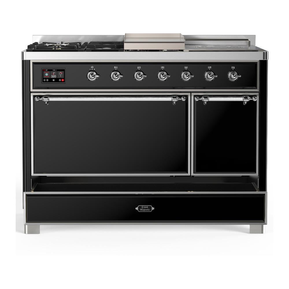 Ilve UM48FSQNR3BKCLP Ilve Um48Fsqnr3Bkclp Majestic Iii 48 Inch Dual Fuel Range With 5 Black Brass Burners, Griddle And French Top, Dual Function Burner Up To 25,000 Btu (Liquid Propane, Solid Door, Glossy Black, Chrome)