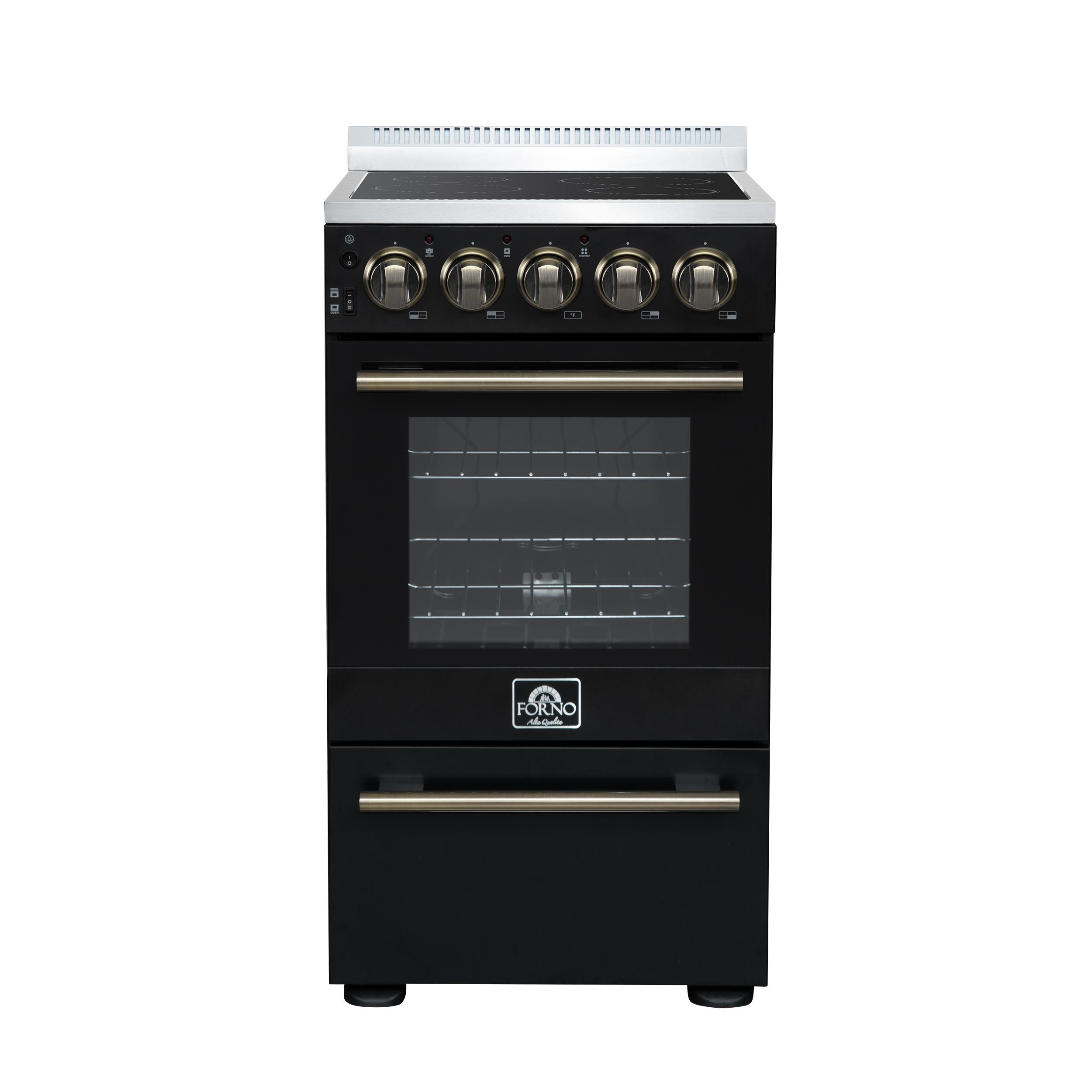 Forno FFSEL605220BLK Forno Pallerano 20 Inch Freestanding Electric Range In Black With Antique Brass, Compact Design