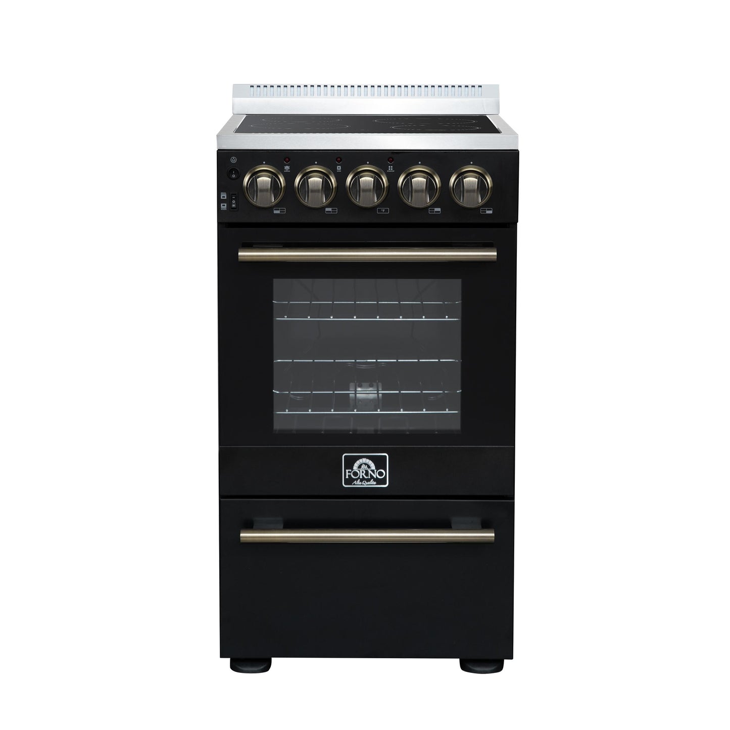 Forno FFSEL605220BLK Forno Pallerano 20 Inch Freestanding Electric Range In Black With Antique Brass, Compact Design
