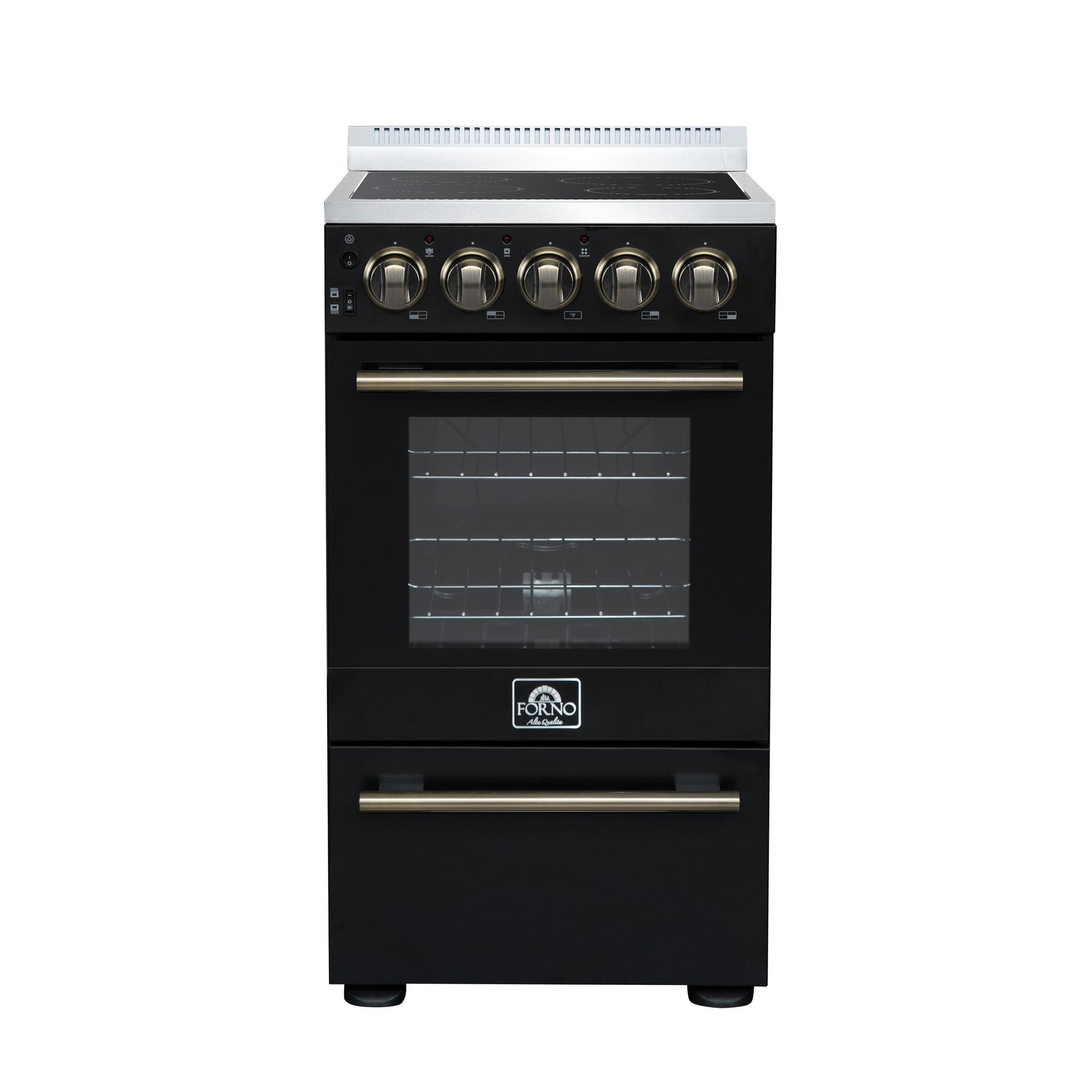 Forno FFSEL605220BLK Forno Pallerano 20 Inch Freestanding Electric Range In Black With Antique Brass, Compact Design