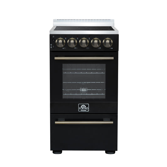 Forno FFSEL605220BLK Forno Pallerano 20 Inch Freestanding Electric Range In Black With Antique Brass, Compact Design
