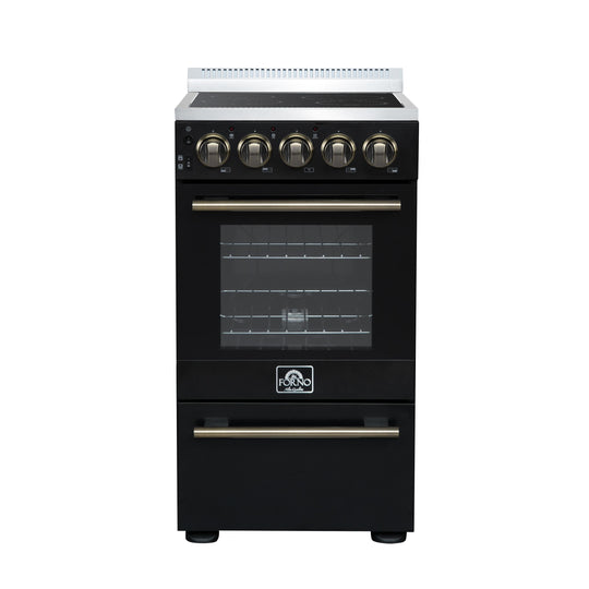 Forno FFSEL605220BLK Forno Pallerano 20 Inch Freestanding Electric Range In Black With Antique Brass, Compact Design