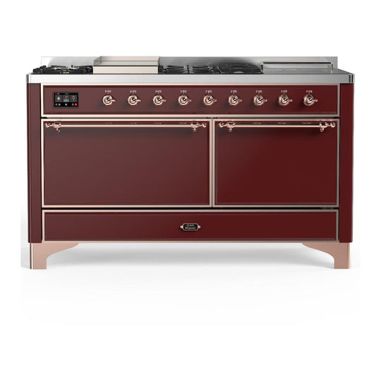 Ilve UM60FSQNR3BUPLP Ilve Um60Fsqnr3Buplp Majestic Iii 60 Inch Dual Fuel Range With 7 Burners, Griddle And French Top, Dual Function Burner With Up To 25,000 Btu (Liquid Propane, Solid Door, Burgundy, Copper)
