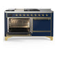 Ilve UM60FSQNR3MBG Ilve Um60Fsqnr3Mbg Majestic Iii 60 Inch Dual Fuel Range With 7 Burners, Griddle And French Top, Dual Function Burner With Up To 25,000 Btu (Natural Gas, Solid Door, Midnight Blue, Brass)
