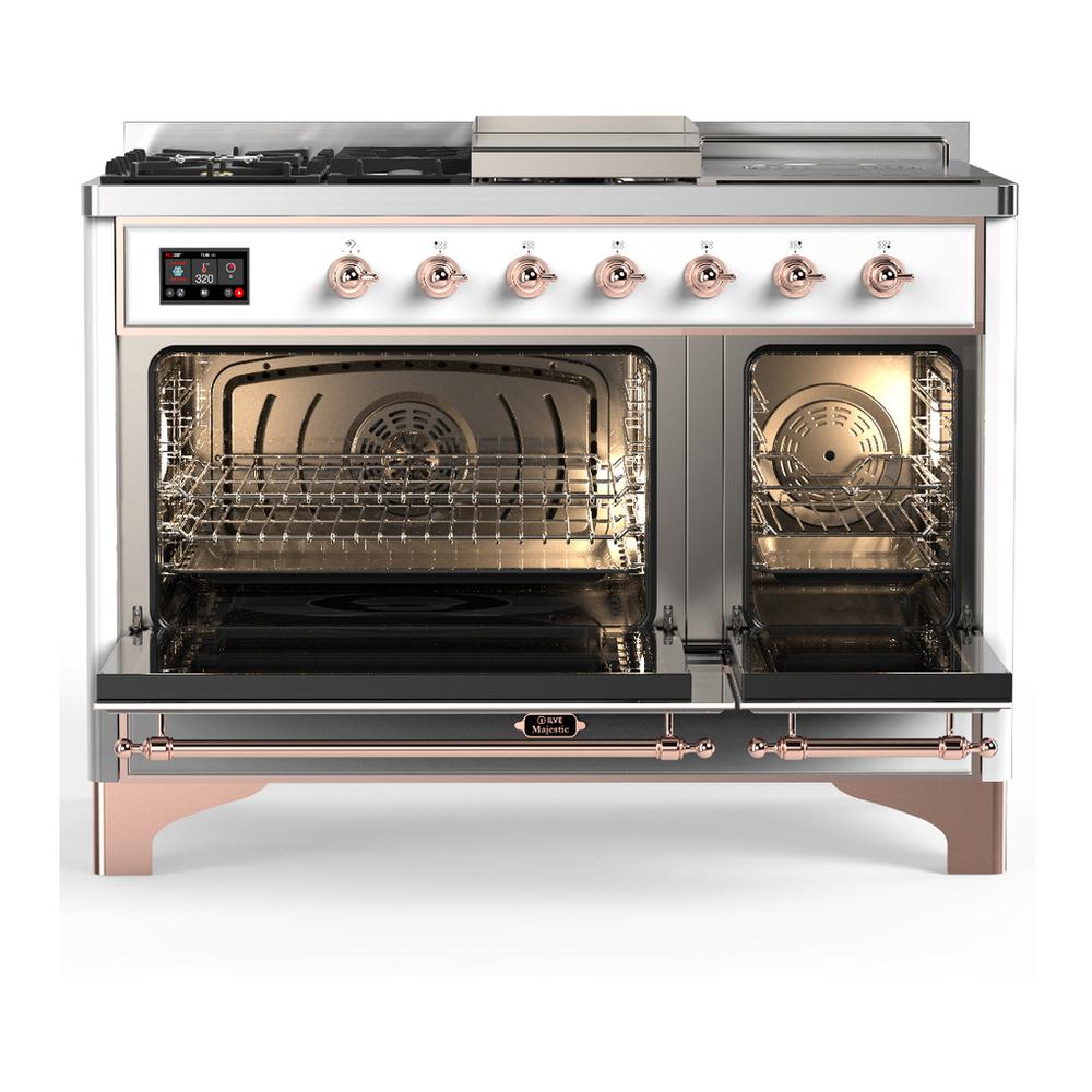 Ilve UM48FSQNR3WHPLP Ilve Um48Fsqnr3Whplp Majestic Iii 48 Inch Dual Fuel Range With 5 Black Brass Burners, Griddle And French Top, Dual Function Burner Up To 25,000 Btu (Liquid Propane, Solid Door, White, Copper)