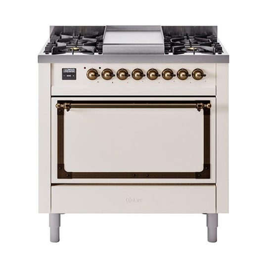 Ilve UN36FQNMPAWBLP Ilve Un36Fqnmpawblp Nostalgie Ii Noblesse 36" Dual Fuel Range (Liquid Propane, Solid Door, Antique White, Burnished)