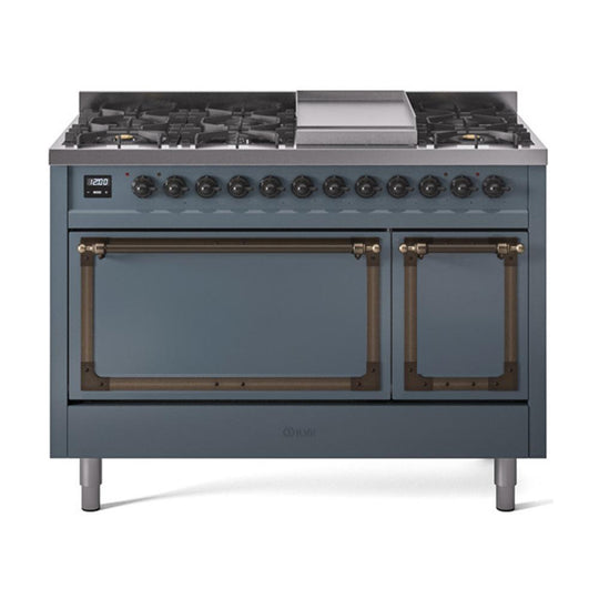 Ilve UN48FQNMPBGBLP Ilve Un48Fqnmpbgblp Nostalgie Ii Noblesse 48" Dual Fuel Range (8 Sealed Burners + Griddle, Liquid Propane, Solid Door, Blue Grey, Burnished)