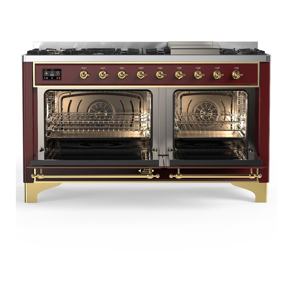 Ilve UM60FQNR3BUGLP Ilve Um60Fqnr3Buglp Majestic Iii 60 Inch Dual Fuel Range With 9 Burners And Griddle, Dual Function Burner Up To 25,000 Btu (Liquid Propane, Solid Door, Burgundy, Brass)