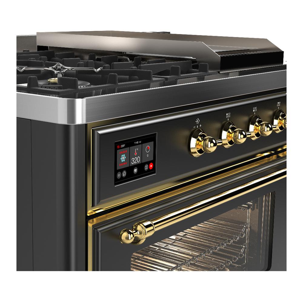Ilve UM48FSNR3MGG Ilve Um48Fsnr3Mgg Majestic Iii 48 Inch Dual Fuel Range With 5 Black Brass Burners, Griddle And French Top, Dual Function Burner Up To 25,000 Btu (Natural Gas, Triple Glass Door, Graphite Matte, Brass)