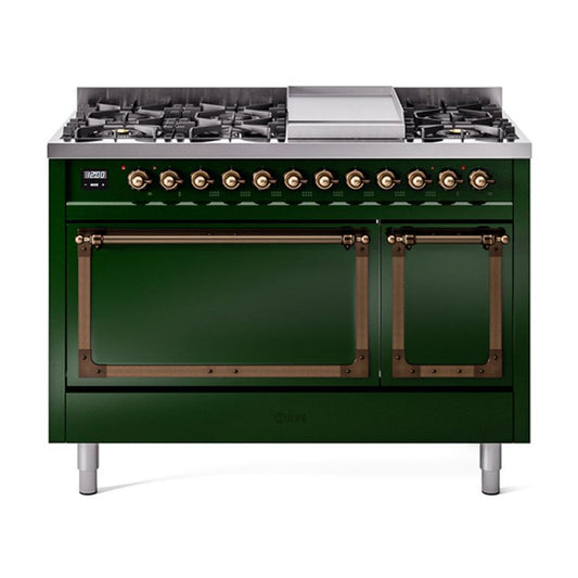 Ilve UN48FQNMPEGBLP Ilve Un48Fqnmpegblp Nostalgie Ii Noblesse 48" Dual Fuel Range (8 Sealed Burners + Griddle, Liquid Propane, Solid Door, Emerald Green, Burnished)