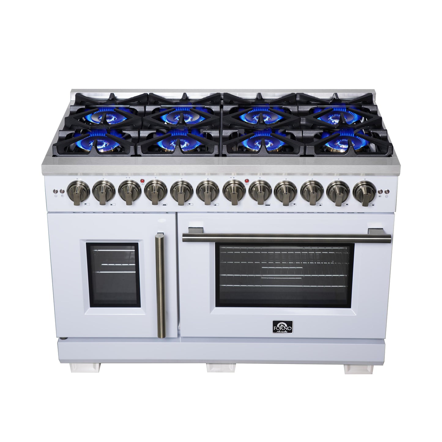 Forno FFSGS638748WHT Forno Capriasca 48 Inch Freestanding French Door Dual Fuel Range In White With Antique Brass Accessories, 8 Burners, True Convection Oven