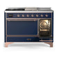Ilve UM48FSQNR3MBPLP Ilve Um48Fsqnr3Mbplp Majestic Iii 48 Inch Dual Fuel Range With 5 Black Brass Burners, Griddle And French Top, Dual Function Burner Up To 25,000 Btu (Liquid Propane, Solid Door, Midnight Blue, Copper)