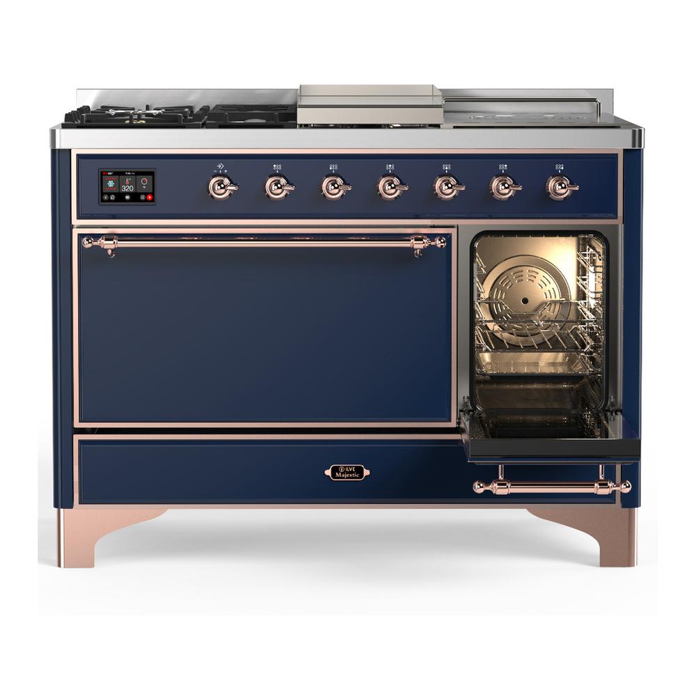 Ilve UM48FSQNR3MBPLP Ilve Um48Fsqnr3Mbplp Majestic Iii 48 Inch Dual Fuel Range With 5 Black Brass Burners, Griddle And French Top, Dual Function Burner Up To 25,000 Btu (Liquid Propane, Solid Door, Midnight Blue, Copper)