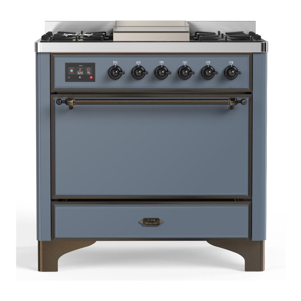 Ilve UM36FQNR3BGB Ilve Um36Fqnr3Bgb Majestic Iii 36 Inch Dual Fuel Range With 6 Black Brass Burners And Griddle, Dual Function Burner Up To 25,000 Btu (Solid Door, Blue Grey, Burnished, Natural Gas)