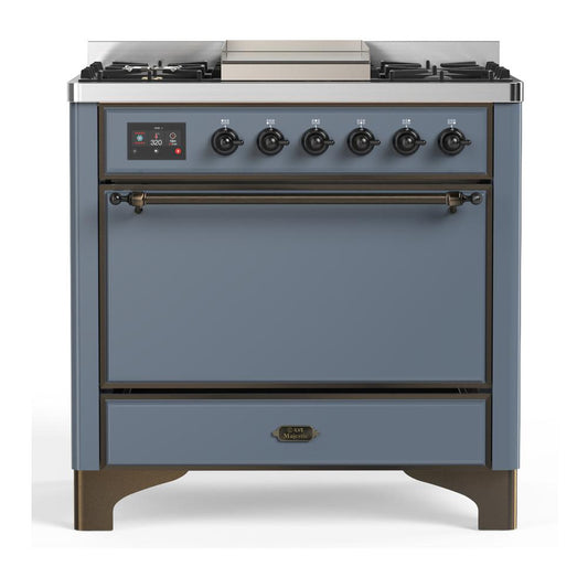 Ilve UM36FQNR3BGB Ilve Um36Fqnr3Bgb Majestic Iii 36 Inch Dual Fuel Range With 6 Black Brass Burners And Griddle, Dual Function Burner Up To 25,000 Btu (Solid Door, Blue Grey, Burnished, Natural Gas)