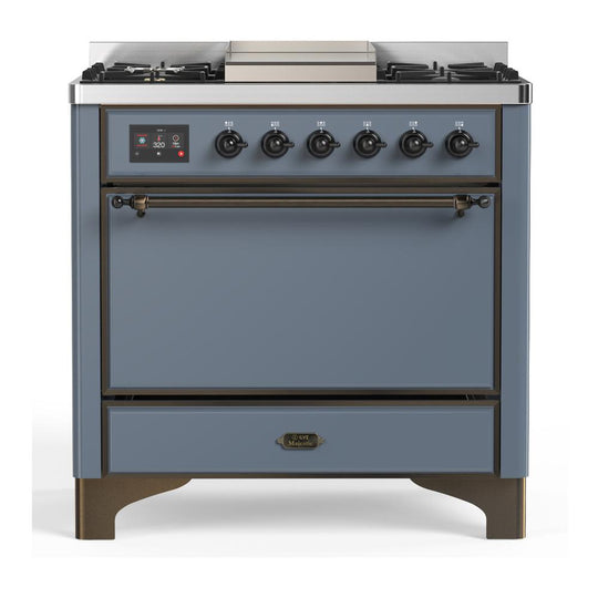 Ilve UM36FQNR3BGB Ilve Um36Fqnr3Bgb Majestic Iii 36 Inch Dual Fuel Range With 6 Black Brass Burners And Griddle, Dual Function Burner Up To 25,000 Btu (Solid Door, Blue Grey, Burnished, Natural Gas)