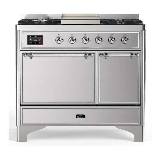 Ilve UMD40FQNR3SSCLP Ilve Umd40Fqnr3Ssclp Majestic Iii 40 Inch Dual Fuel Range With 6 Burners And Griddle, Dual Function Burner Up To 25,000 Btu (Liquid Propane, Solid Door, Stainless Steel, Chrome)