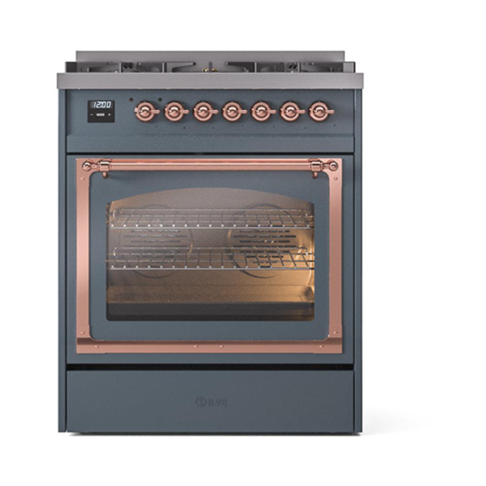 Ilve UN30NMPBGPLP Ilve Un30Nmpbgplp Nostalgie Ii Noblesse 30" Dual Fuel Range (Liquid Propane, Triple Glass Door, Blue Grey, Copper)