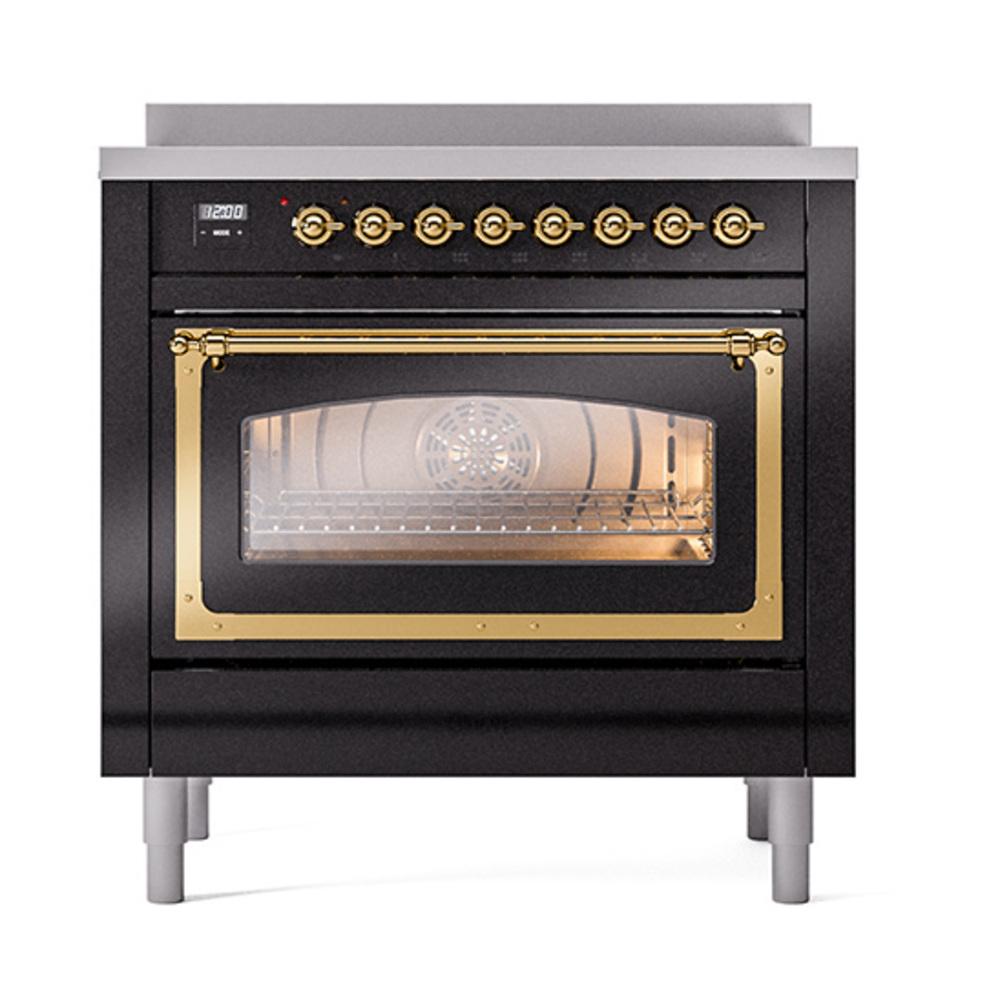 Ilve UNI366NMPBKG Ilve Uni366Nmpbkg Nostalgie Ii Noblesse 36" Induction Range (Triple Glass Door, Glossy Black, Brass)