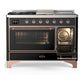 Ilve UM48FSNR3BKP Ilve Um48Fsnr3Bkp Majestic Iii 48 Inch Dual Fuel Range With 5 Black Brass Burners, Griddle And French Top, Dual Function Burner Up To 25,000 Btu (Natural Gas, Triple Glass Door, Glossy Black, Copper)