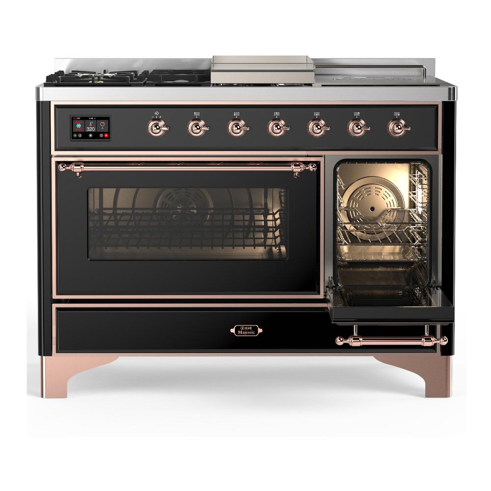 Ilve UM48FSNR3BKP Ilve Um48Fsnr3Bkp Majestic Iii 48 Inch Dual Fuel Range With 5 Black Brass Burners, Griddle And French Top, Dual Function Burner Up To 25,000 Btu (Natural Gas, Triple Glass Door, Glossy Black, Copper)