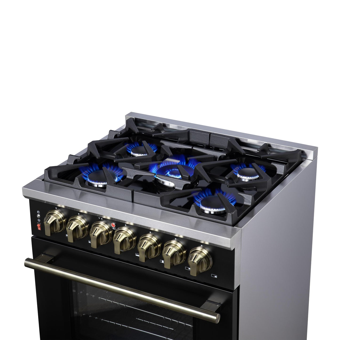 Forno FFSGS612530BLK Forno Massimo 30-Inch Freestanding Dual Fuel Range In Black With Antique Brass Accessories, 4 Burners, 4.32 Cu. Ft. Convection Oven