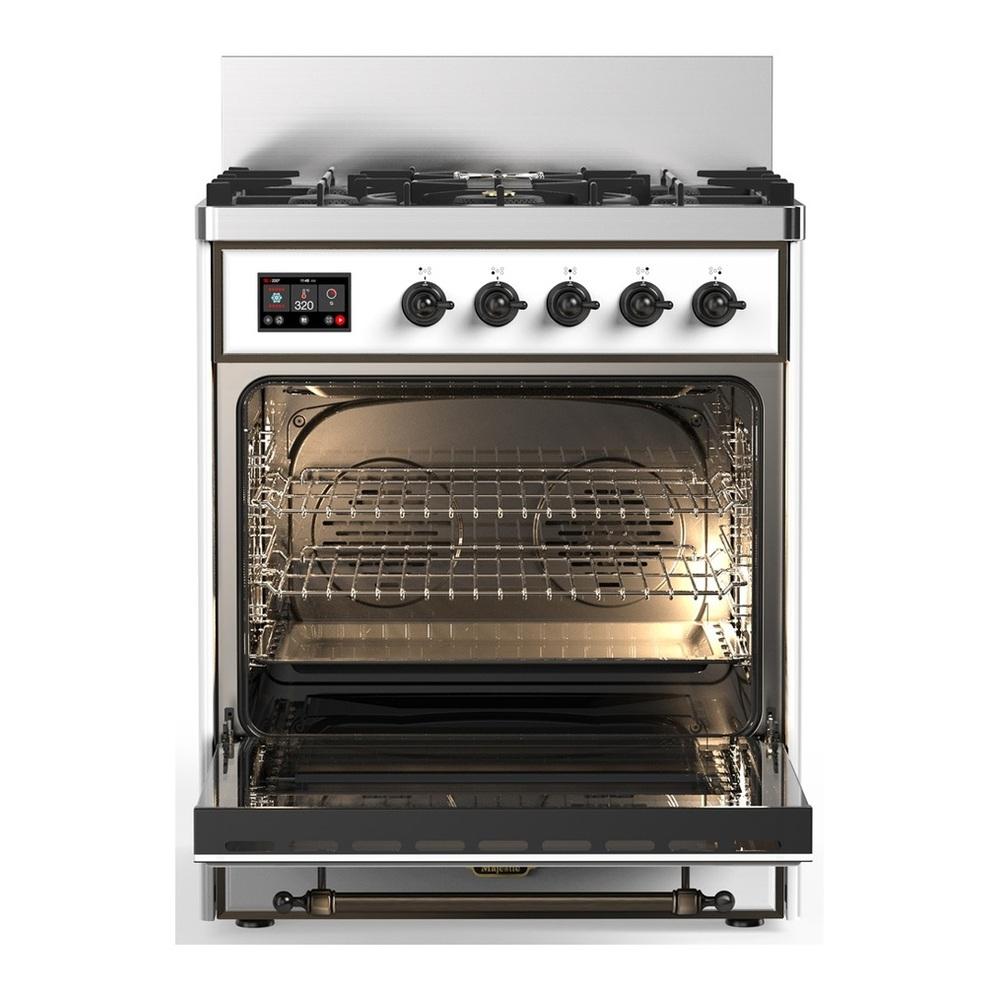Ilve UM30QNR3WHBLP Ilve Um30Qnr3Whblp Majestic Iii 30 Inch Dual Fuel Range With 5 Black Brass Burners, Dual Function Burner Up To 25,000 Btu (Liquid Propane, Solid Door, White, Burnished)