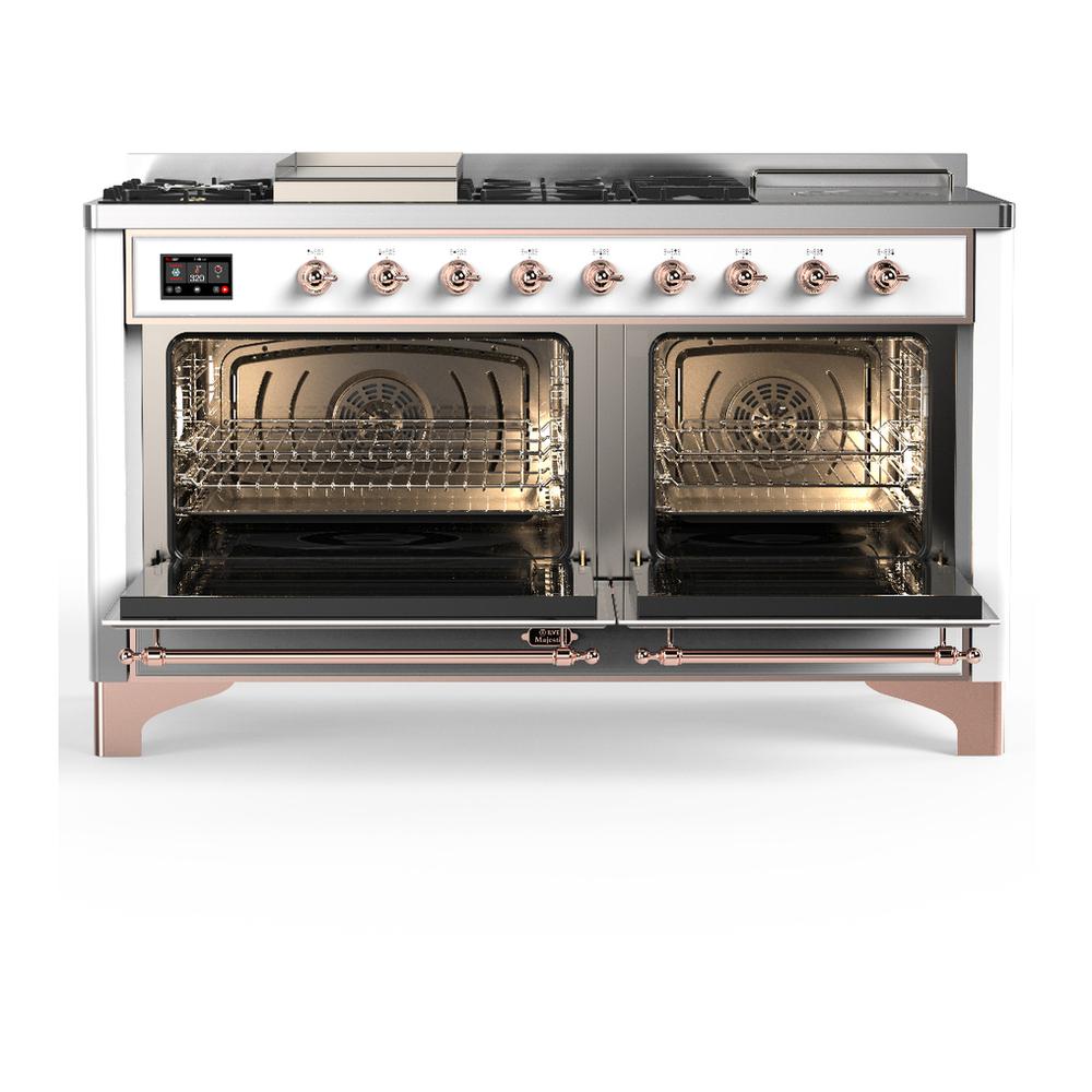 Ilve UM60FSQNR3WHPLP Ilve Um60Fsqnr3Whplp Majestic Iii 60 Inch Dual Fuel Range With 7 Burners, Griddle And French Top, Dual Function Burner With Up To 25,000 Btu (Liquid Propane, Solid Door, White, Copper)