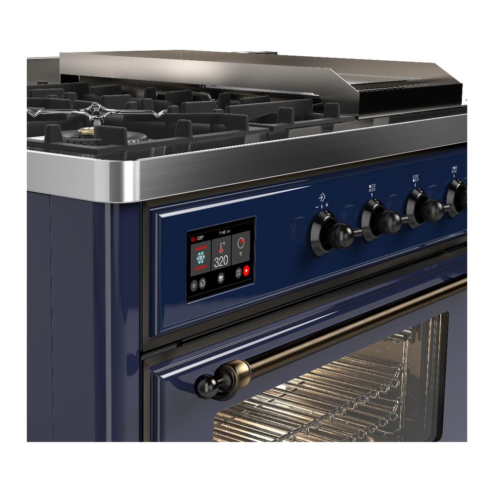Ilve UM48FSNR3MBBLP Ilve Um48Fsnr3Mbblp Majestic Iii 48 Inch Dual Fuel Range With 5 Black Brass Burners, Griddle And French Top, Dual Function Burner Up To 25,000 Btu (Liquid Propane, Triple Glass Door, Midnight Blue, Burnished)