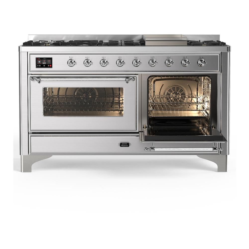 Ilve UM60FNR3SSCLP Ilve Um60Fnr3Ssclp Majestic Iii 60 Inch Dual Fuel Range With 9 Burners And Griddle, Dual Function Burner Up To 25,000 Btu (Liquid Propane, Triple Glass Door, Stainless Steel, Chrome)